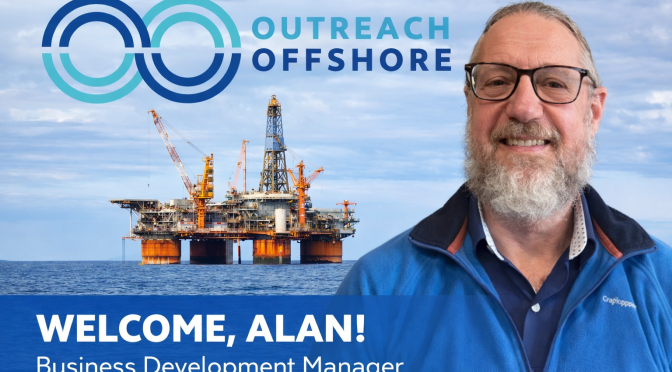 new business development manager for outreach offshore alan with oil rig in the background